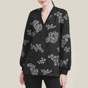 Pearl by Lela Rose Embroidered Jersey V-Neck Tunic Sweatshirt Black Women’s L